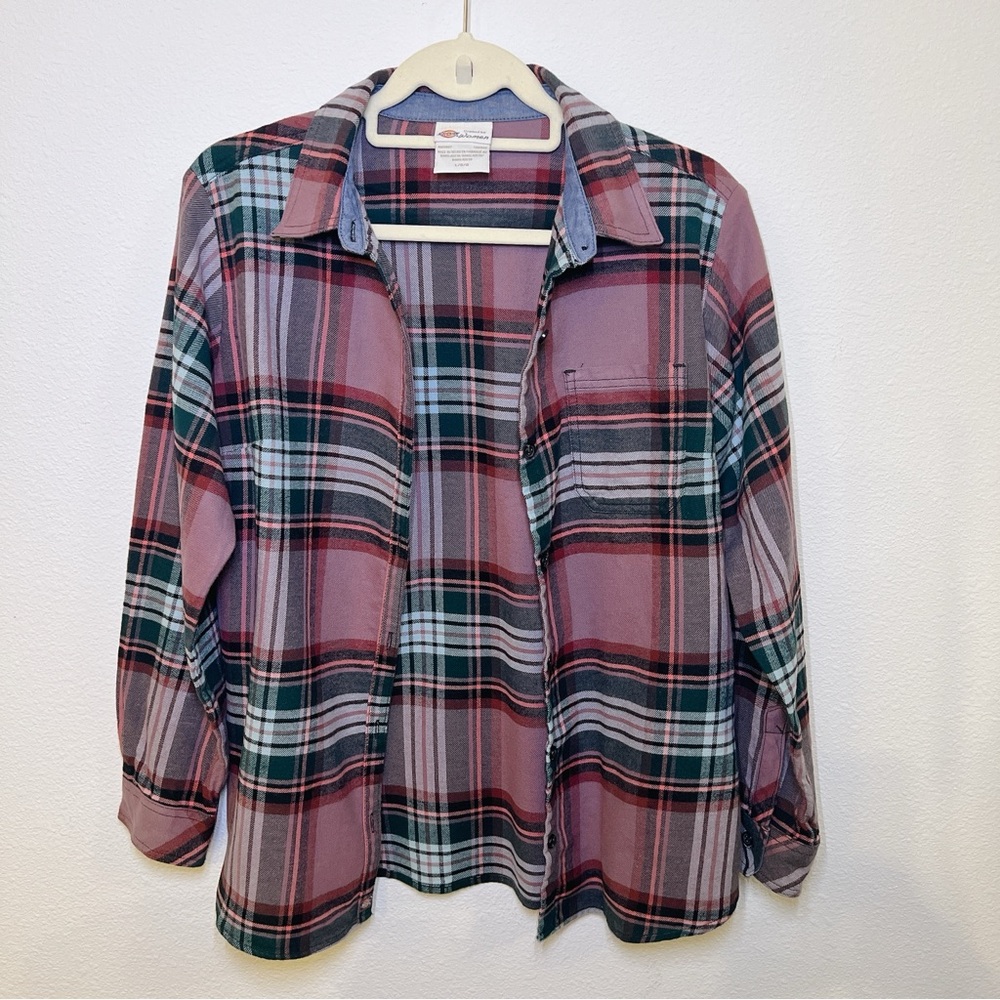DICKIES•Long-Sleeve, Purple Plaid, 100% Cotton Flannel, LRG
